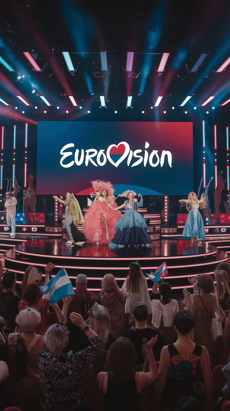 Bühne des Eurovision Song Contests mit bunten Lichtern, Künstlern und jubelndem Publikum.