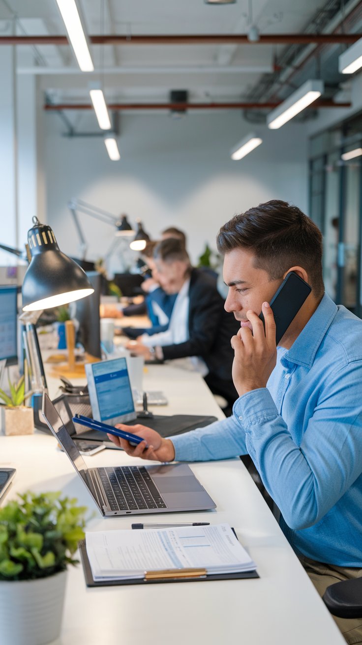 Ein professioneller Marketer im Büro, der Outbound-Telefonate führt und Daten analysiert.