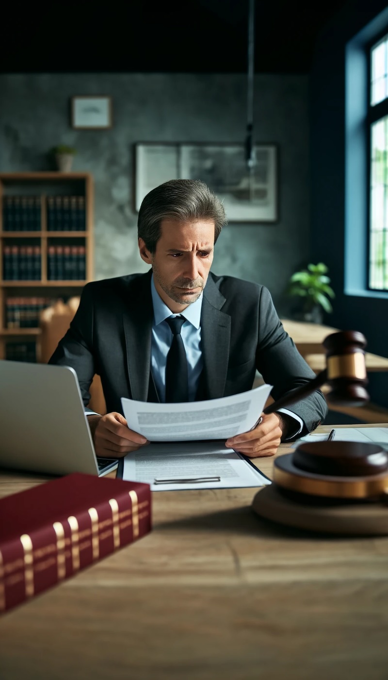 Eine besorgte Person liest ein rechtliches Dokument an einem Schreibtisch, umgeben von juristischen Büchern und einem Laptop in einem heimischen Büro.