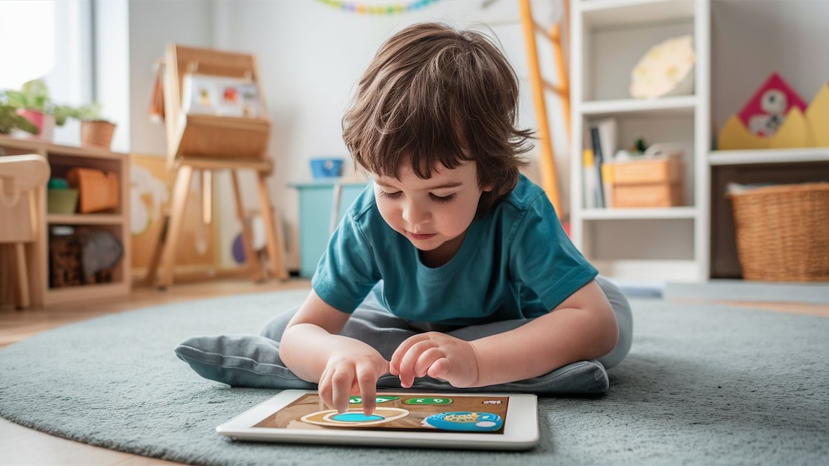 Ein Kind nutzt eine Lern-App auf einem Tablet in einem gemütlichen Wohnzimmer.