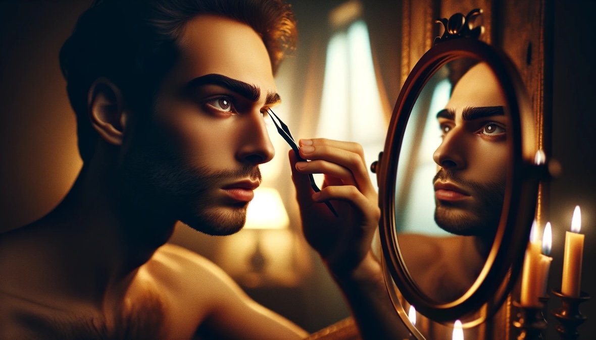 Eine Person, die vor einem Spiegel steht, Augenbrauenpinzette in der Hand, bereit ihre Augenbrauen mit Präzision zu formen. Der Spiegel reflektiert ihren fokussierten und entschlossenen Ausdruck.