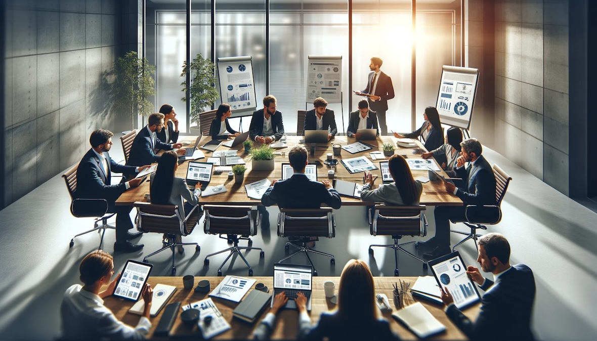 Eine Gruppe von Geschäftsleuten sitzt in einem modernen Büro um einen hellen Konferenztisch und diskutiert über Content-Marketing-Strategien.