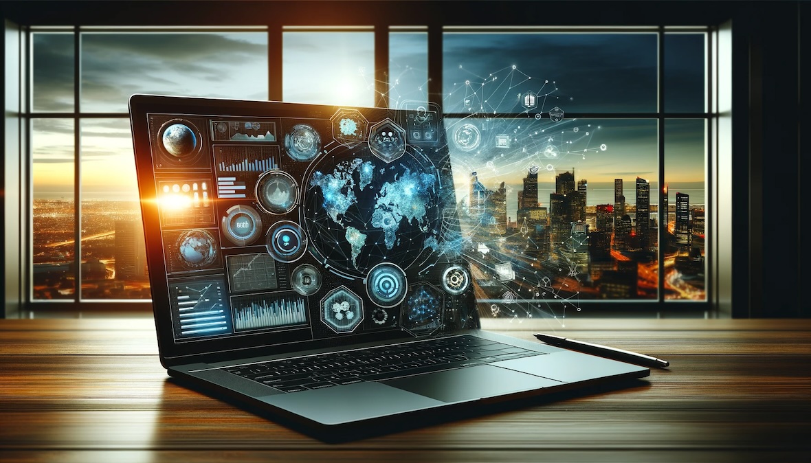 Ein Laptop auf einem Schreibtisch mit einem komplexen digitalen Marketing-Dashboard, im Hintergrund die Skyline einer Stadt bei Dämmerung, symbolisiert die globale Reichweite digitaler B2B-Marketingstrategien.