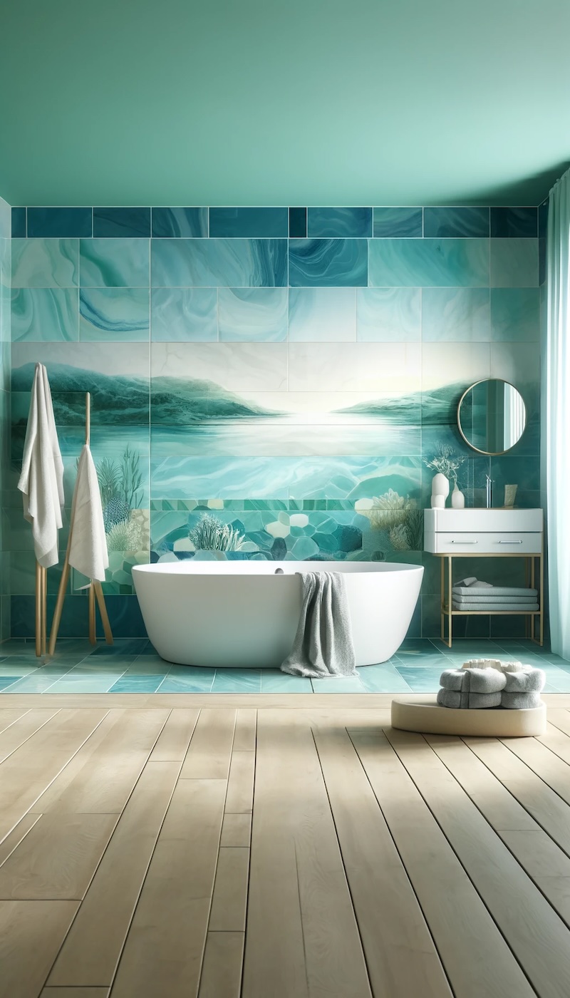 Ein modernes Badezimmer mit Wänden, die mit Baridecor Aqua Fliesen in frischen Blau- und Grüntönen bedeckt sind, erzeugt eine ruhige, spa-ähnliche Atmosphäre.
