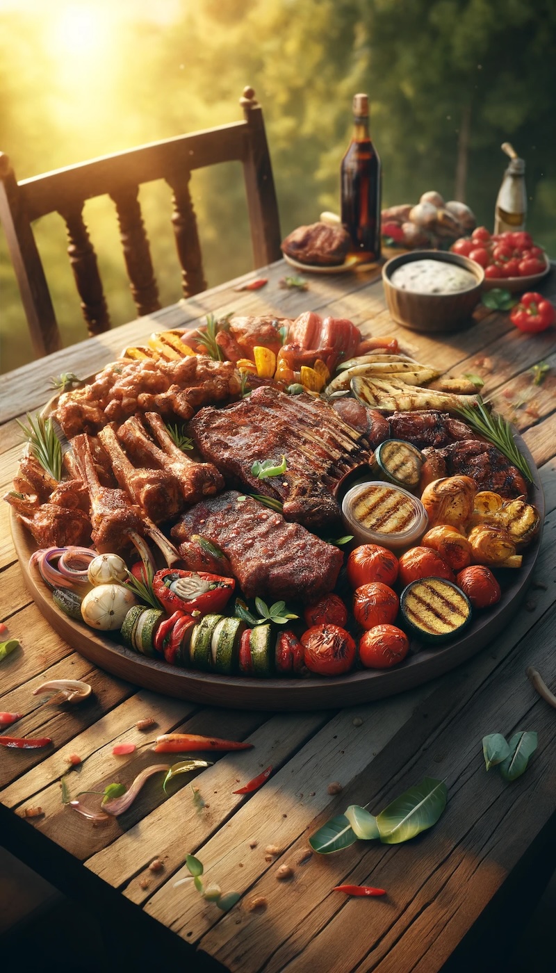 Grillteller mit verschiedenen Fleischsorten und Gemüse, angerichtet auf einem rustikalen Holztisch.