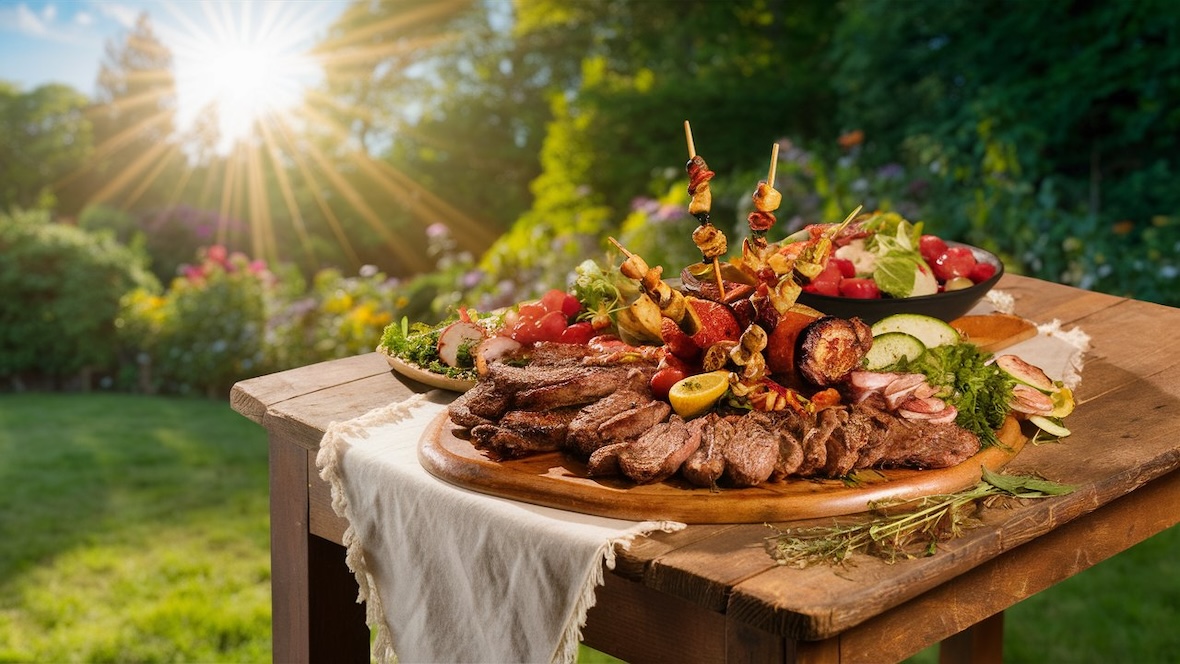 Grillteller mit verschiedenen Fleisch- und Gemüsesorten, angerichtet auf einem rustikalen Holztisch in einem schönen Garten bei strahlendem Sonnenschein.