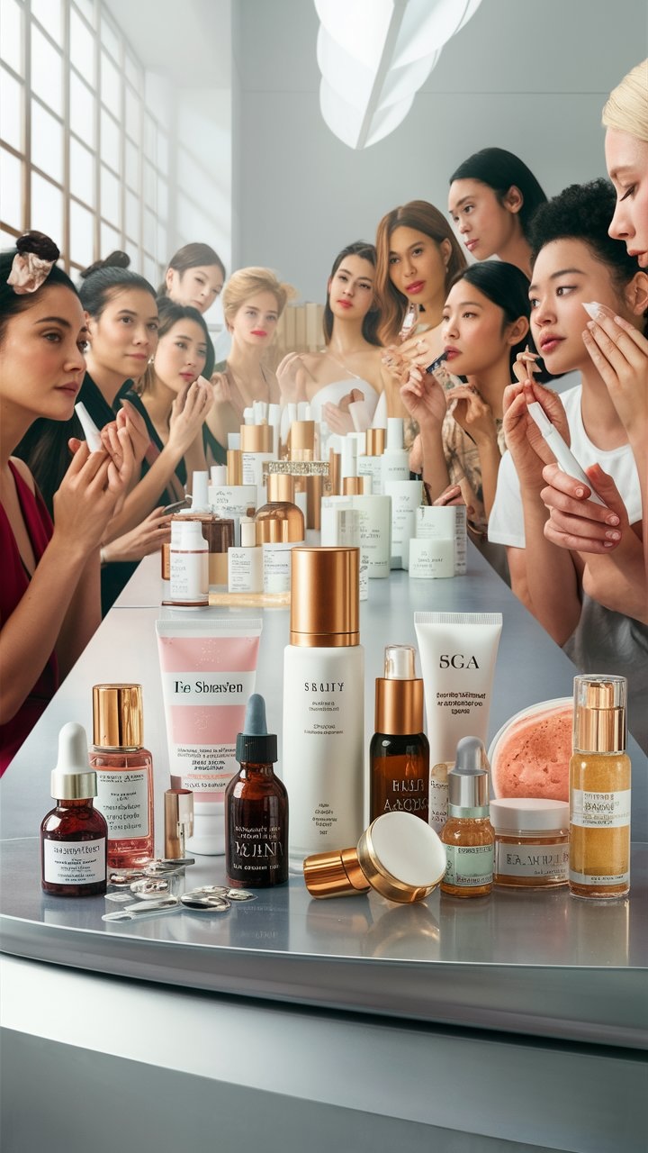 A captivating image featuring a variety of skincare products displayed on a sleek and modern surface.