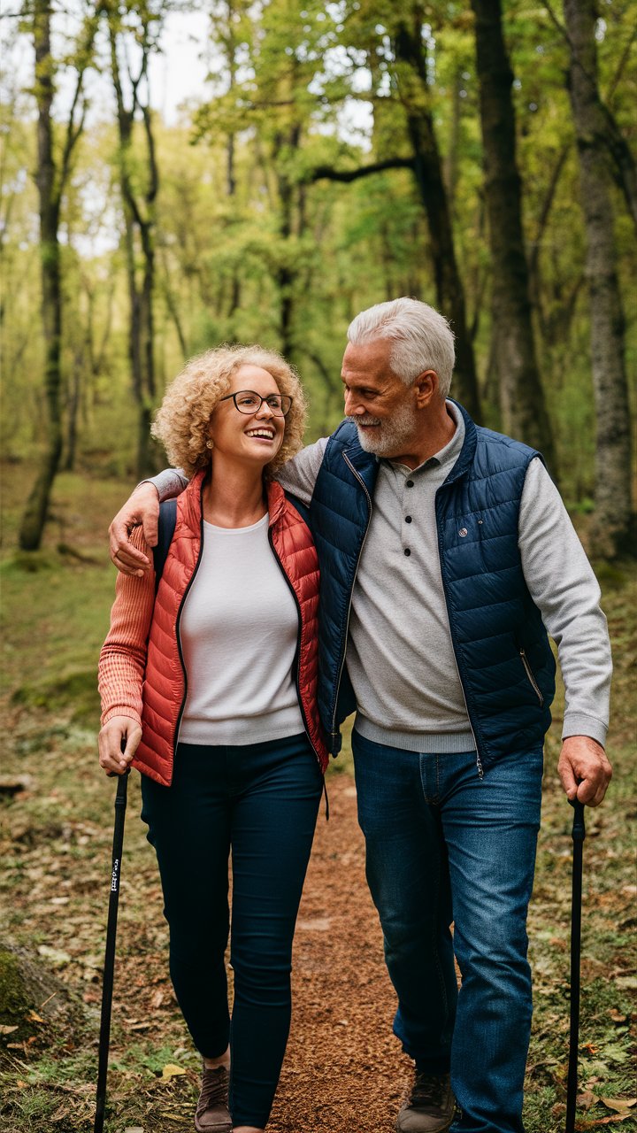 Ein Best-Ager-Paar genießt eine Wanderung in der Natur, lächelnd und glücklich.