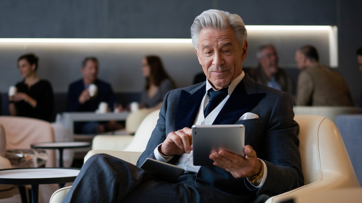Ein stilvoll gekleideter Best-Ager sitzt entspannt in einem modernen Café und liest auf einem Tablet.