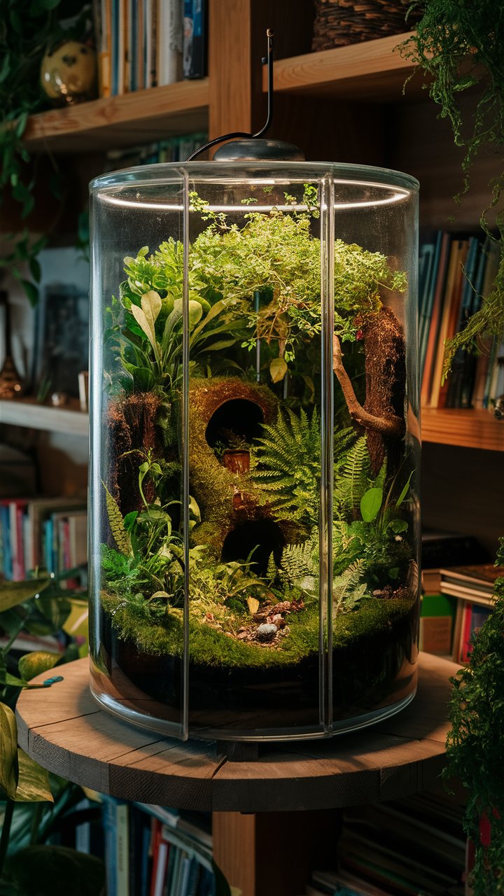Bild einer bepflanzten Biosphäre in einem Glasgefäß auf einem Holzregal.
