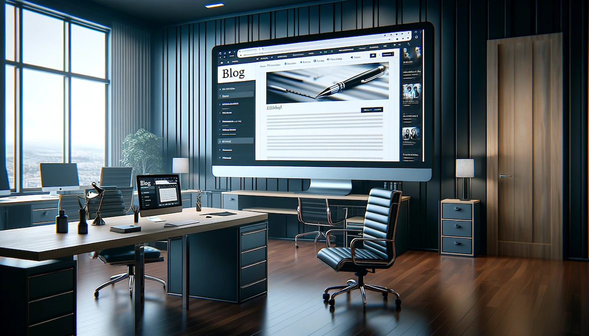 Ein modernes Büro mit einem großen Bildschirm, der ein Blog-Interface zeigt, symbolisiert die professionelle Umgebung des Content-Marketings.