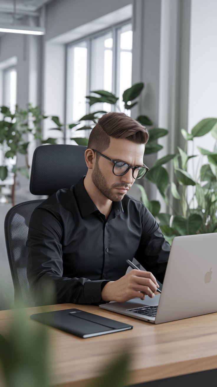 Blogger arbeitet an einem Laptop in einem modernen Büro mit Pflanzen im Hintergrund.