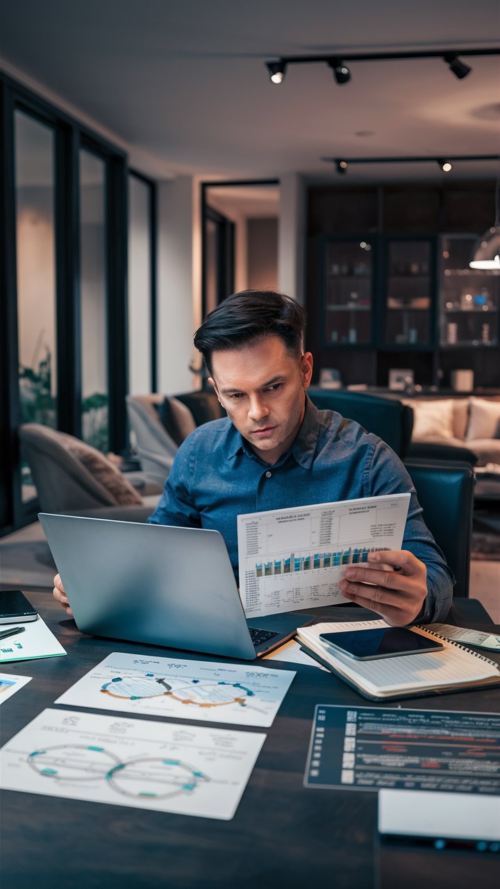 Ein professioneller Blogger analysiert aufmerksam detaillierte Diagramme und Statistiken auf seinem Laptop in einem modernen, gut beleuchteten Heimbüro.