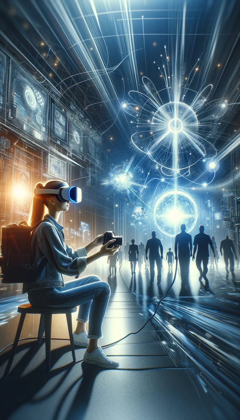 Ein Tech-Blogger testet eine futuristische Virtual-Reality-Brille, umgeben von dynamischen Lichteffekten und digitalen Elementen, die die Spitze der technologischen Innovation symbolisieren.