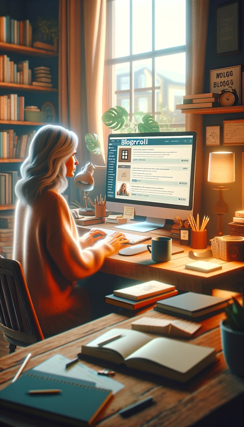 Ein gemütliches Heimbüro mit einer Bloggerin bei der Arbeit, die auf ihrem Computer eine Liste von Blog-Links, bekannt als Blogroll, betrachtet.