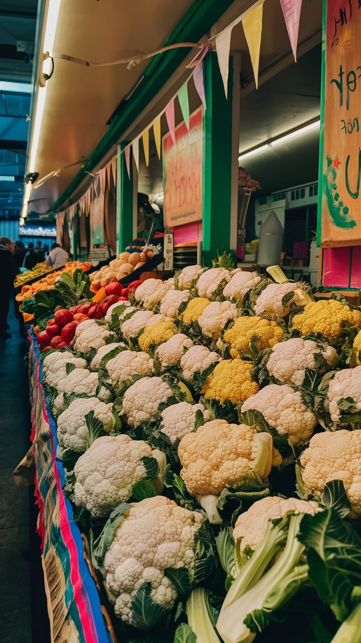 Frischer Blumenkohl auf einem Marktstand, bereit zum Verkauf.