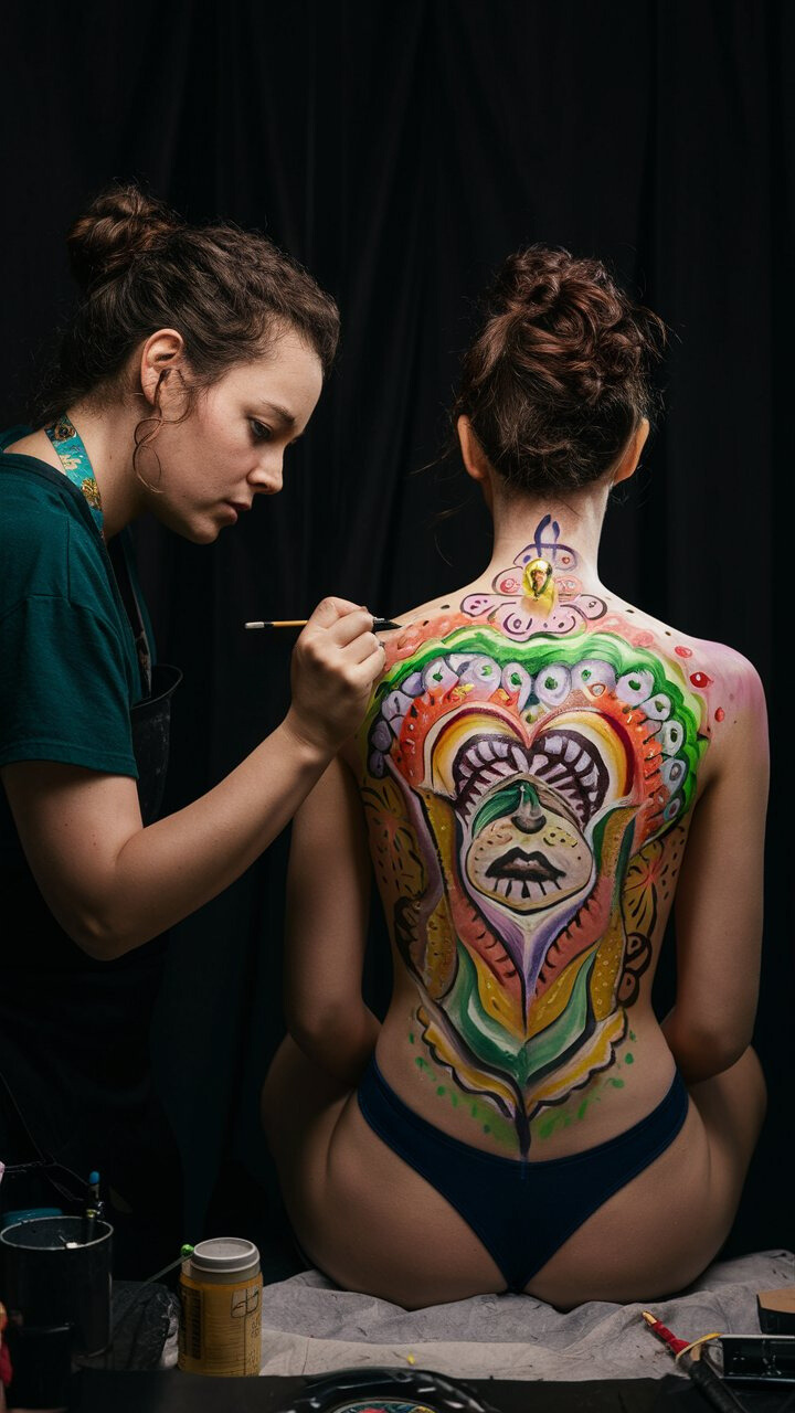 Ein Bodypainting-Künstler bei der Arbeit, der ein komplexes und farbenfrohes Design auf den Rücken eines Models malt.