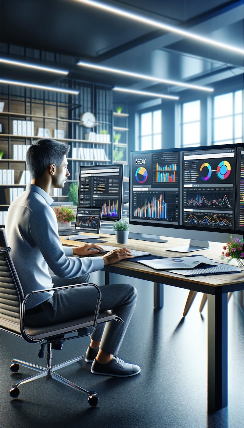 Ein digitaler Marketingexperte analysiert SEO-Daten an mehreren Computerbildschirmen in einem modernen Büro.