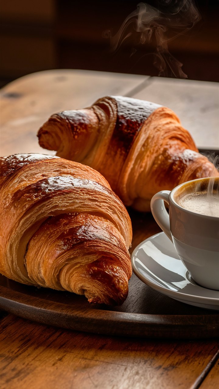 Ein Teller mit frisch gebackenen, goldbraunen Croissants auf einem Holztisch, daneben eine Tasse Kaffee.