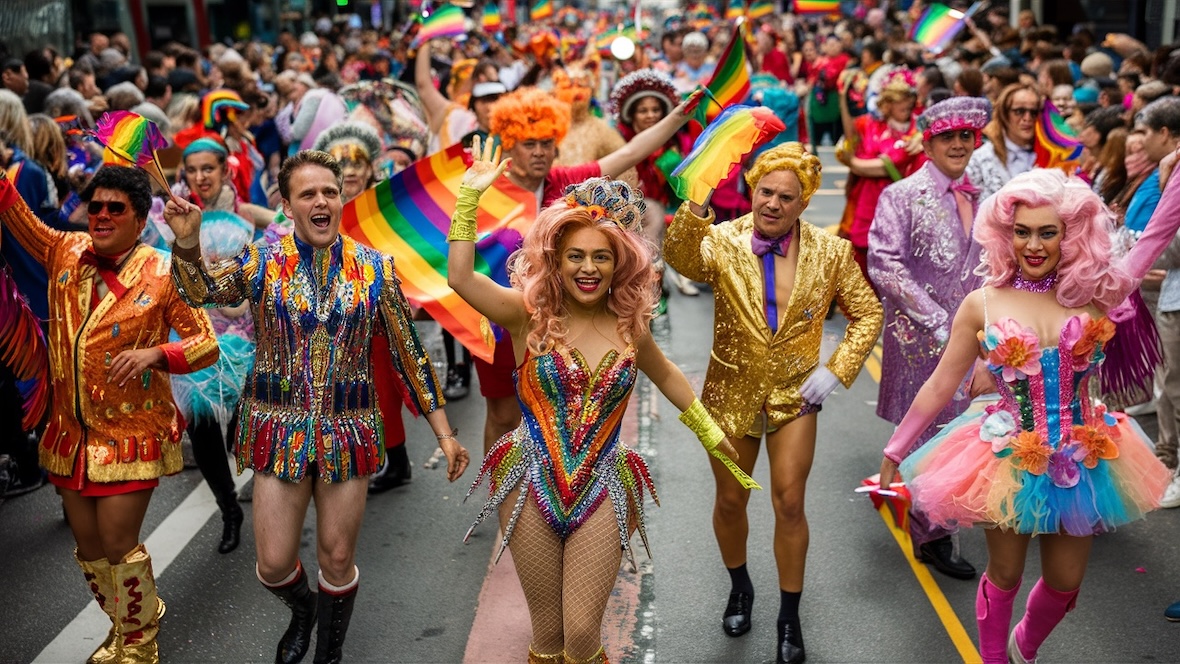 Eine bunte Parade mit Menschen in farbenfrohen Kostümen, die durch eine belebte Stadtstraße zieht. Die Teilnehmer schwenken Regenbogenflaggen und tanzen.