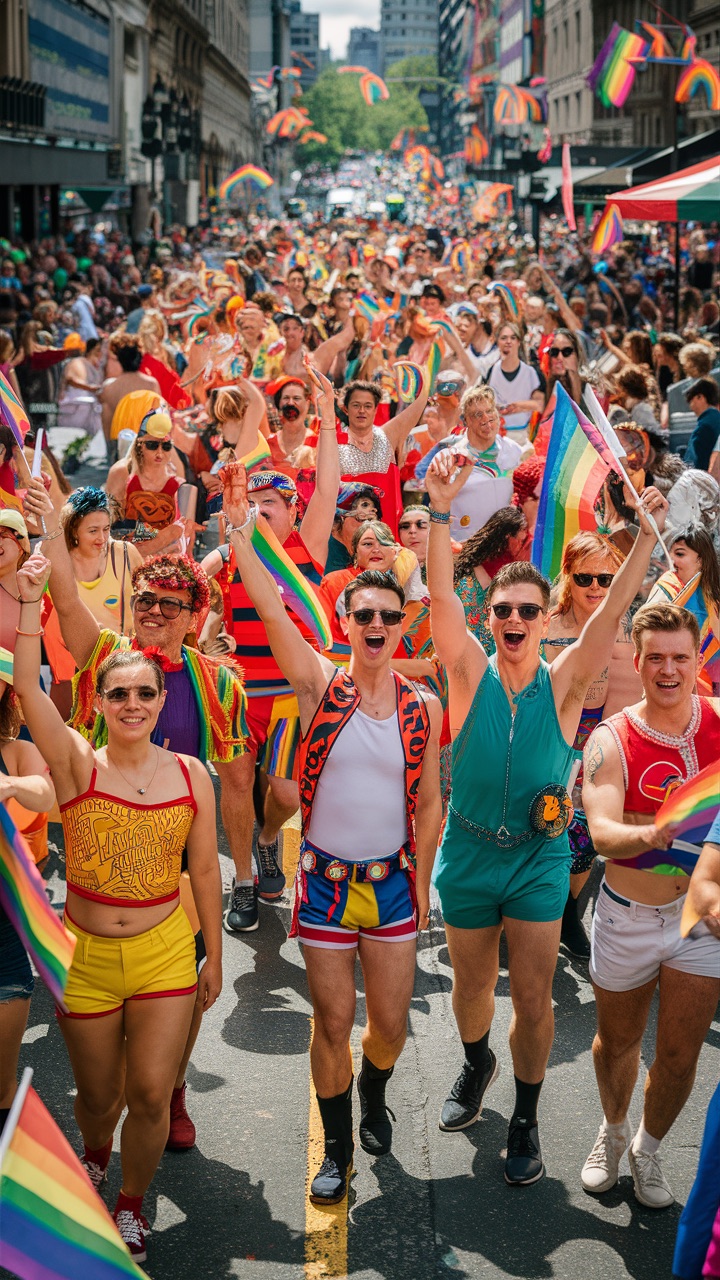 Eine bunte Parade mit Menschen in farbenfrohen Kostümen, die durch eine belebte Stadtstraße zieht. Die Teilnehmer schwenken Regenbogenflaggen und tanzen. Es ist eine Szene vom CSD.