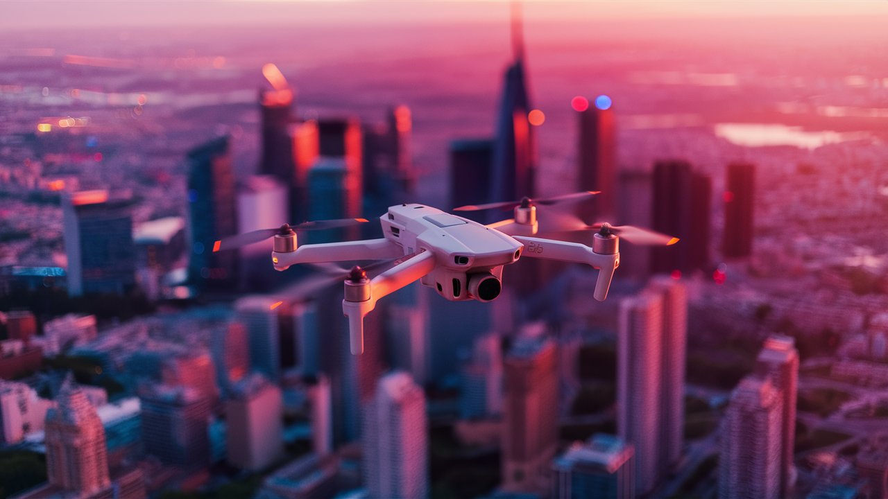 Eine Drohne fliegt über einer Stadtlandschaft und bietet eine beeindruckende Aussicht.