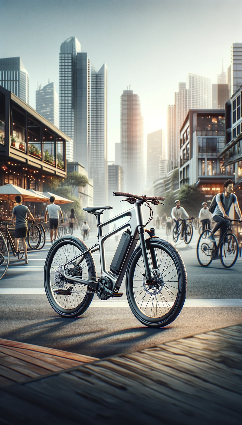 Ein stilvolles E-Bike steht im Vordergrund, umgeben von einem urbanen Hintergrund. Das E-Bike hat einen modernen, schlanken Rahmen, einen sichtbaren Akku am Unterrohr und einen elegant integrierten Motor. Im Hintergrund ist eine belebte Stadtstraße mit Radfahrern, Cafés und Fußgängern zu sehen, die das urbane Lebensgefühl widerspiegelt.