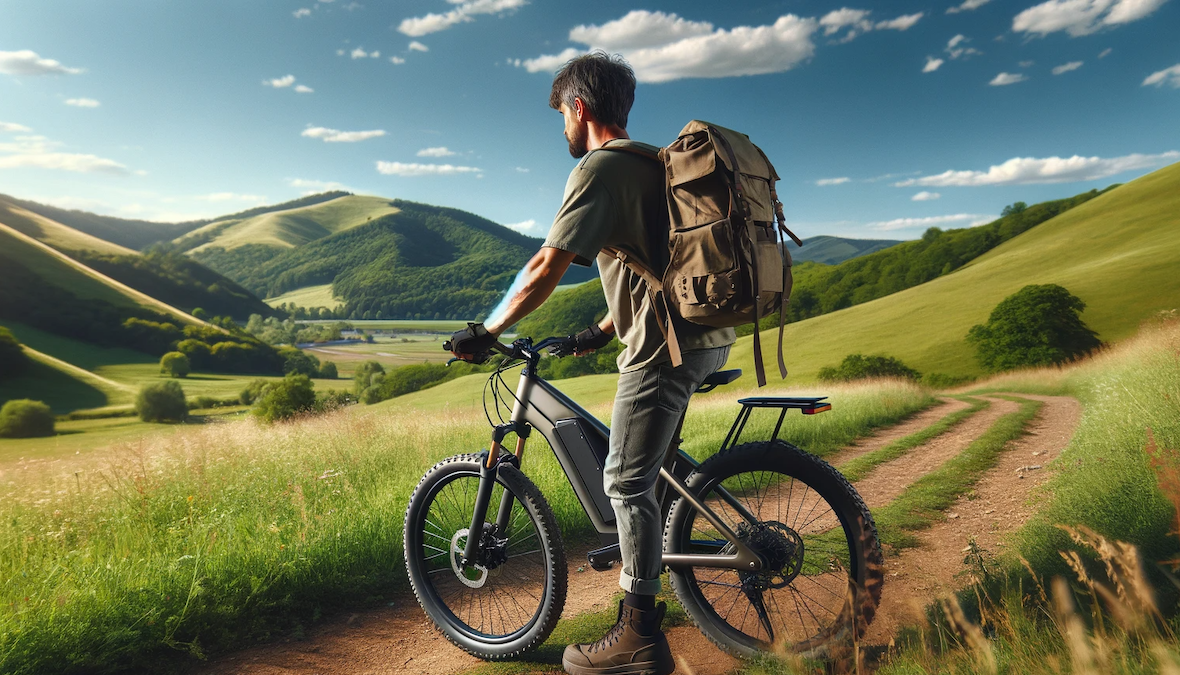Eine malerische Landschaft mit einem E-Bike-Fahrer, der auf einem Feldweg durch eine grüne Hügellandschaft fährt. Das E-Bike ist robust und für Offroad-Zwecke geeignet. Im Hintergrund sieht man einen klaren blauen Himmel und in der Ferne sanfte Hügel, was die Freiheit und das Abenteuer des E-Bike-Fahrens in der Natur symbolisiert.