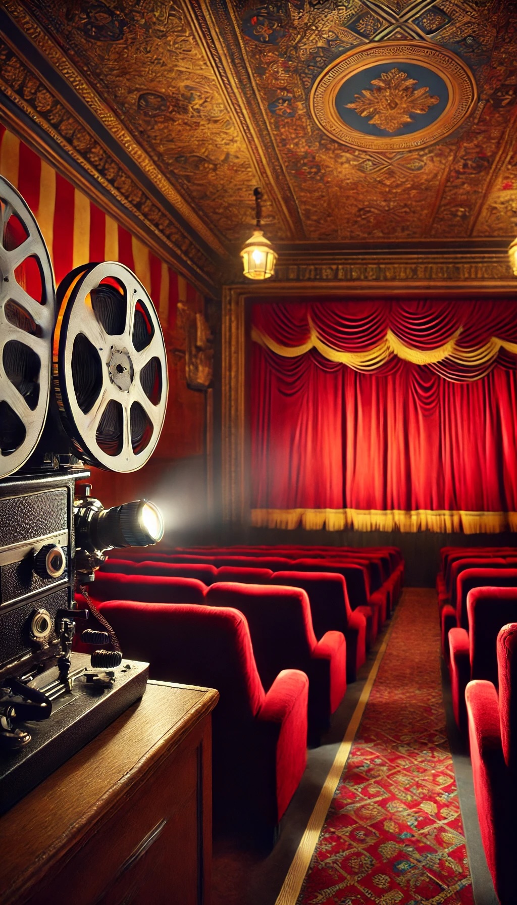 A nostalgic and inviting scene of a classic English cinema with a rich red curtain and an old-fashioned film projector. The warm lighting highlights the textures of the curtain and the vintage details of the projector, capturing the charm of traditional movie theaters.