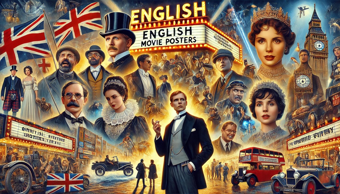 A vibrant scene showcasing a collection of English movie posters and actors from various genres, including historical dramas, comedies, thrillers, and fantasy. The background features a movie theater marquee with bright lights, creating an engaging and dynamic atmosphere.