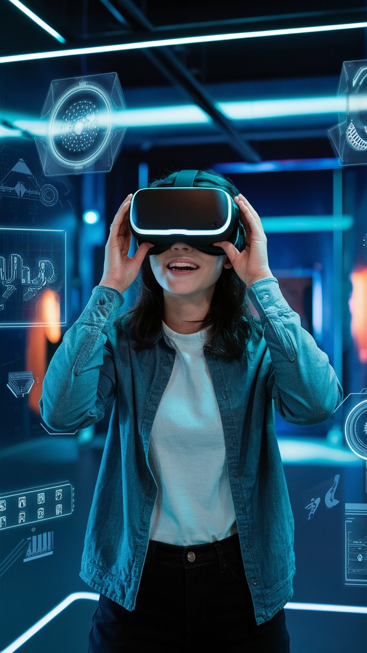 Ein Spieler erlebt ein intensives VR-Escape-Room-Abenteuer mit einem Headset in einer futuristischen Umgebung voller holografischer Elemente. Die Szene ist spannend und immersiv.