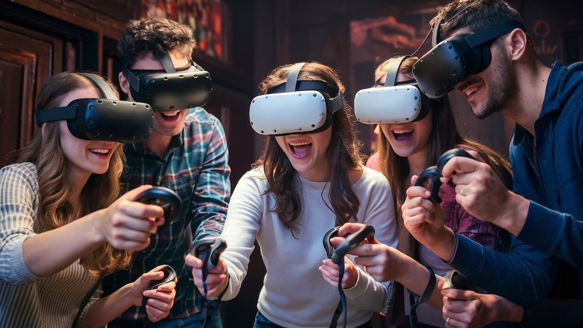 Ein Team von Freunden löst gemeinsam ein Rätsel in einem virtuellen Escape-Room, alle tragen VR-Headsets und benutzen Controller.
