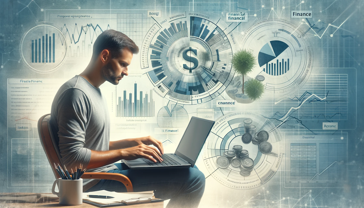 Ein Blogger tippt auf einem Laptop mit Finanzdiagrammen im Hintergrund, was die Erstellung von Inhalten im Bereich Finanzen darstellt.