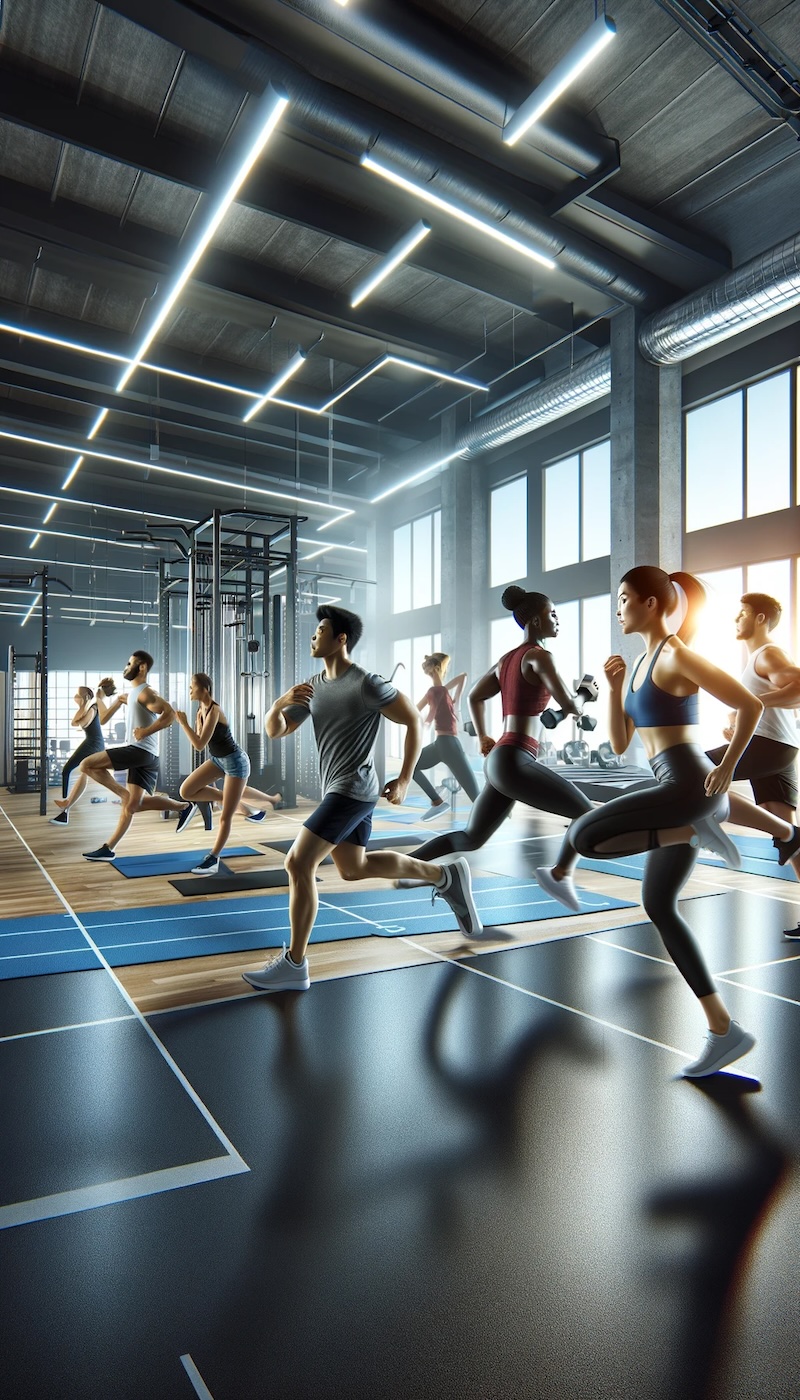 Mehrere Personen unterschiedlicher Ethnien führen in einem modernen Fitnessstudio verschiedene Übungen wie Laufen, Yoga und Gewichtheben durch. Das Bild strahlt Energie und Motivation aus.