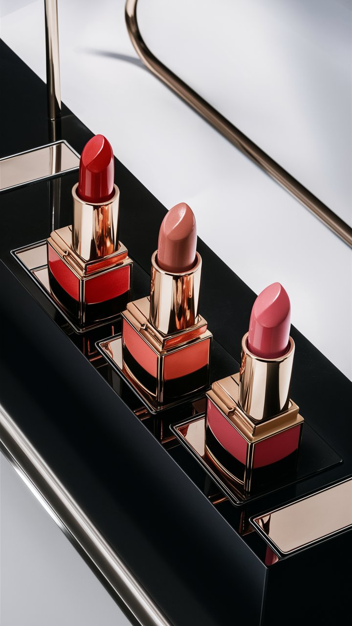 Eine Nahaufnahme verschiedener High-End Lippenstifte in den Farben Rot, Nude und Pink, die luxuriös und ansprechend präsentiert werden.