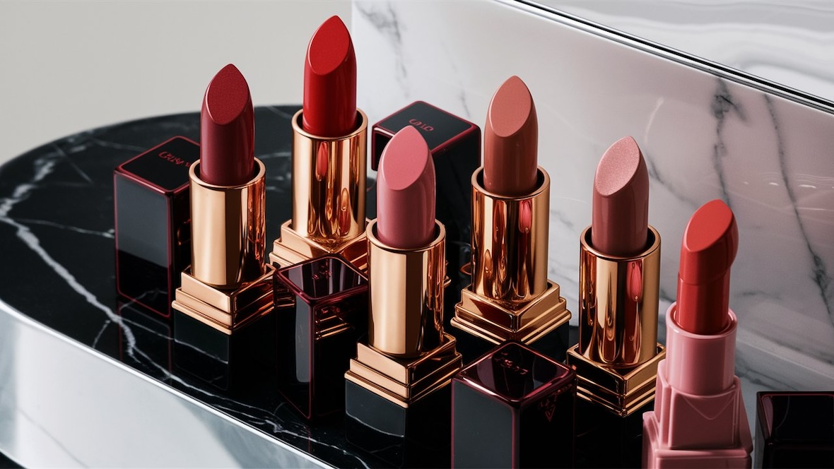 A close-up, high-quality photo featuring a luxurious assortment of high-end lipsticks in stunning shades of red, nude, and pink.