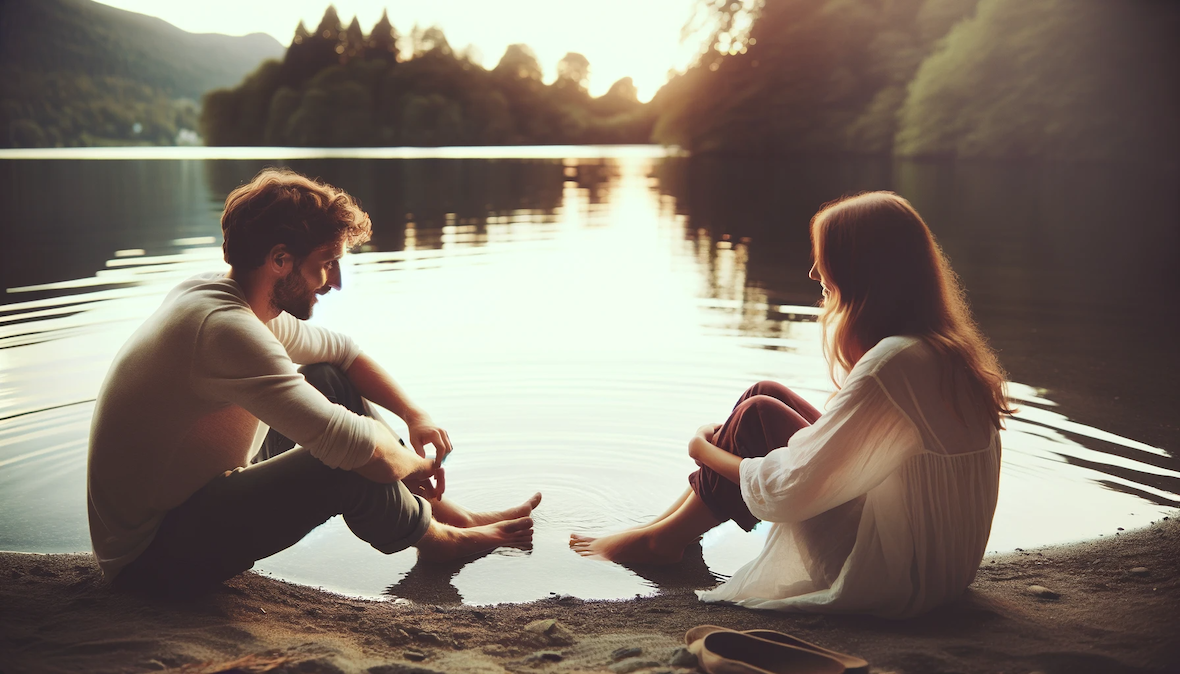 Eine Szene eines Paares, das gemeinsam an einem See sitzt, ihre Füße berühren sanft das Wasser. Sie sind in ein Gespräch vertieft, wobei sie einander ansehen und lächeln. Das Bild vermittelt eine Atmosphäre der Ruhe und des gegenseitigen Verständnisses. Es symbolisiert die Bedeutung von Kommunikation und gemeinsam verbrachter Qualitätzeit in einer Beziehung.