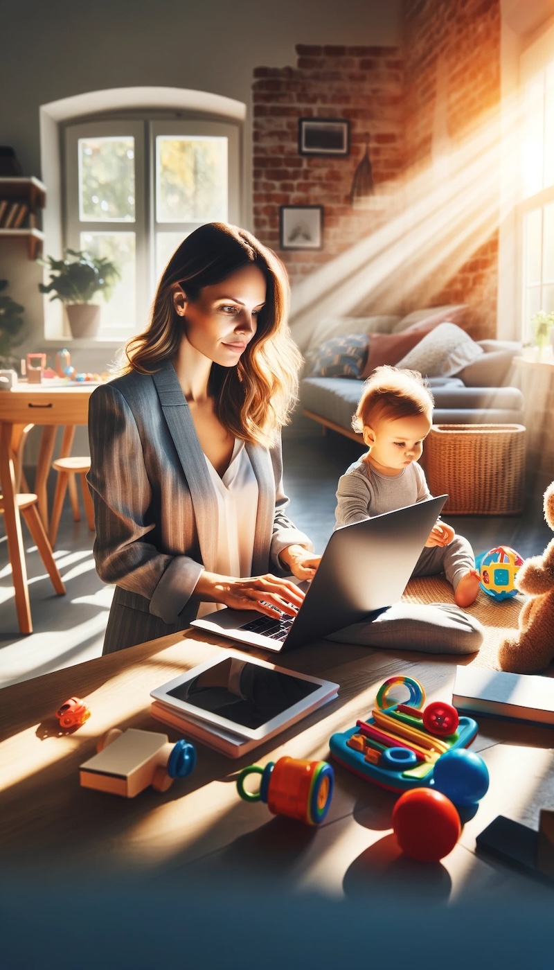 Eine Mutter arbeitet an ihrem Laptop in einem sonnendurchfluteten, gemütlichen Raum, während ihr Kind neben ihr mit Spielzeug spielt, was eine harmonische und glückliche Atmosphäre schafft.