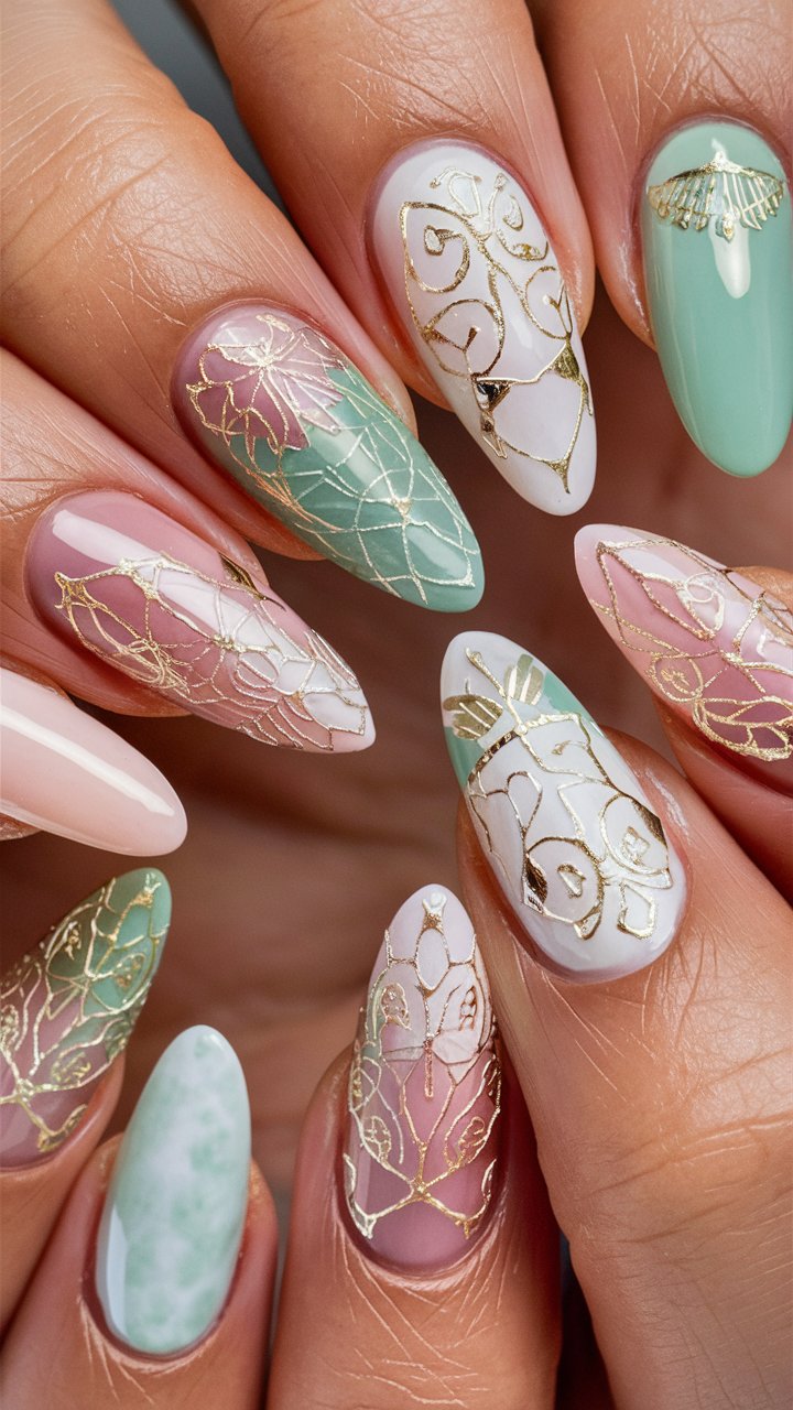 Eine Nahaufnahme von Händen mit kreativ gestalteten Nägeln in Pastelltönen und filigranen Mustern.
