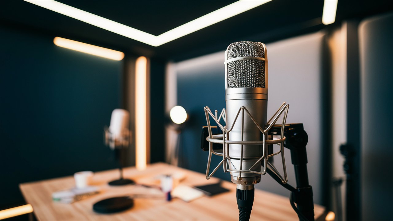 Ein professionelles Mikrofon in einem modernen Studio, bereit für die Aufnahme eines Podcasts.