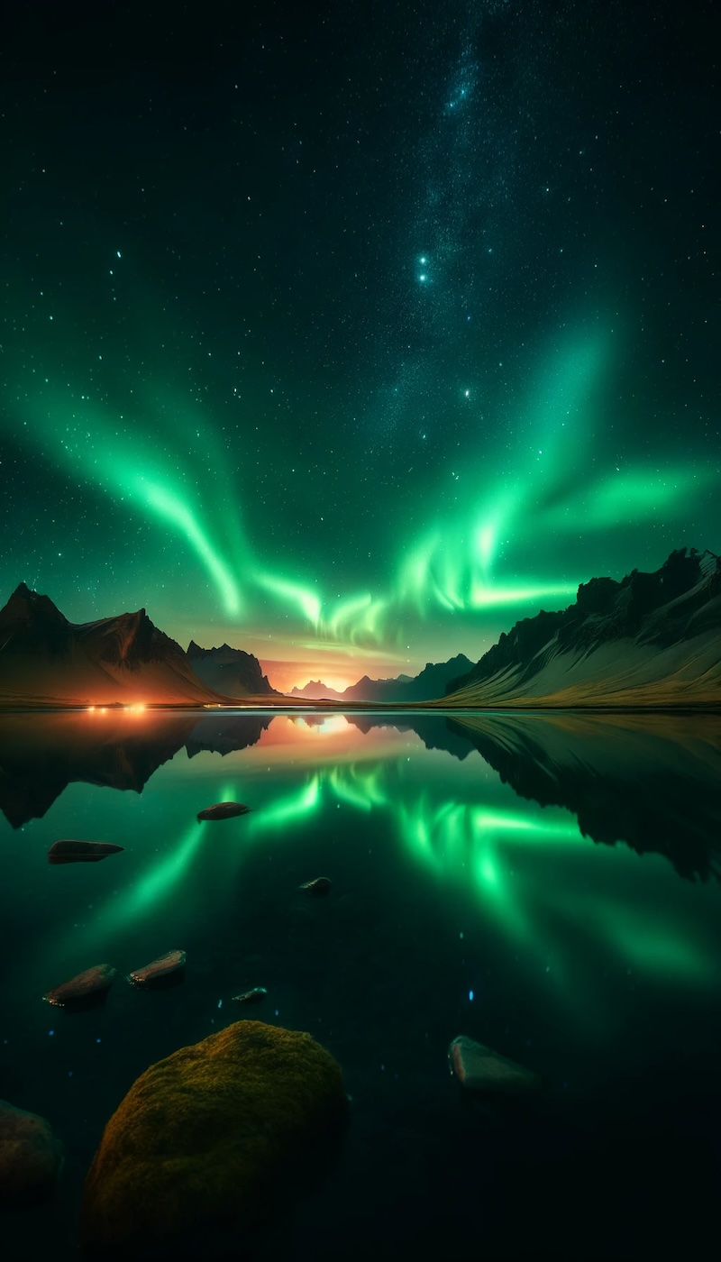 Ein beeindruckendes Nordlicht in Grün und Violett über einer verschneiten Landschaft in Norwegen, mit klarer, sternenbedeckter Nacht