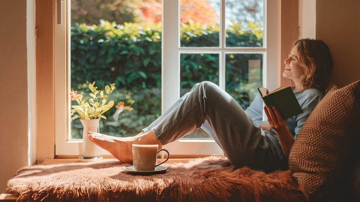 Eine gemütliche Innenszene mit einer Person, die entspannt mit einem Buch und einer Tasse Kaffee nahe eines Fensters sitzt, durch das ein sonniger Garten sichtbar ist. Die Szene strahlt eine warme und einladende Stimmung aus, perfekt für Momente der Ruhe und positiven Reflexion.