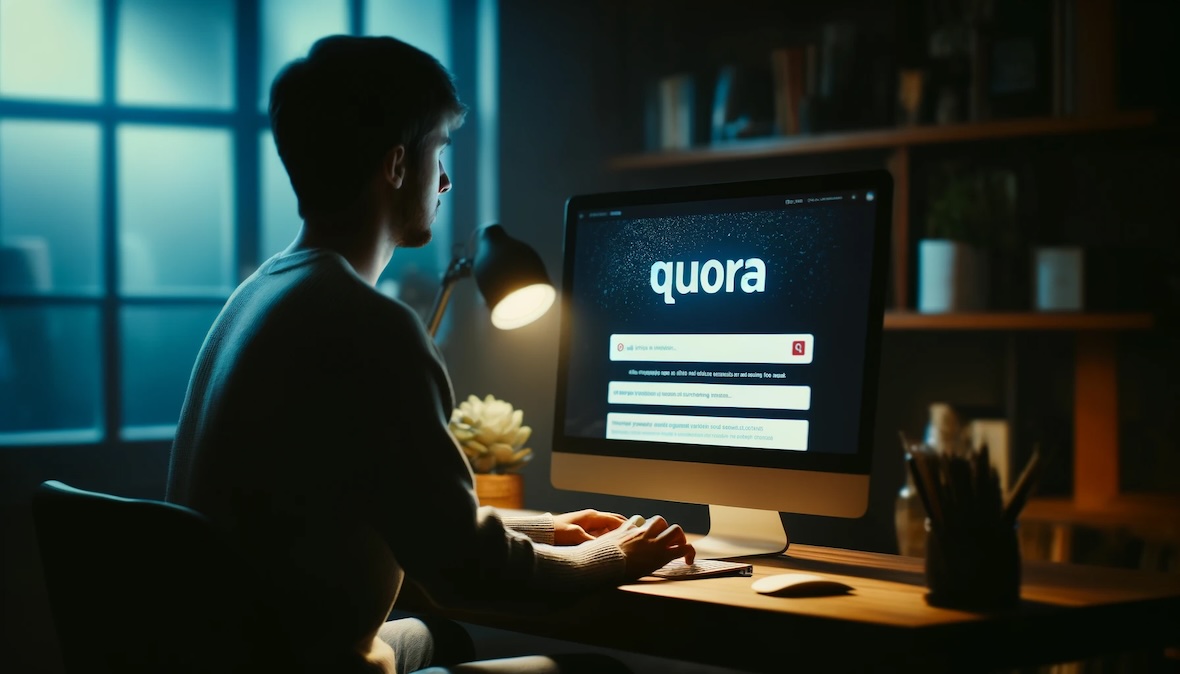 Eine Person sitzt vor einem großen Monitor, auf dem die Quora-Webseite geöffnet ist, und tippt nachdenklich auf einer Tastatur.