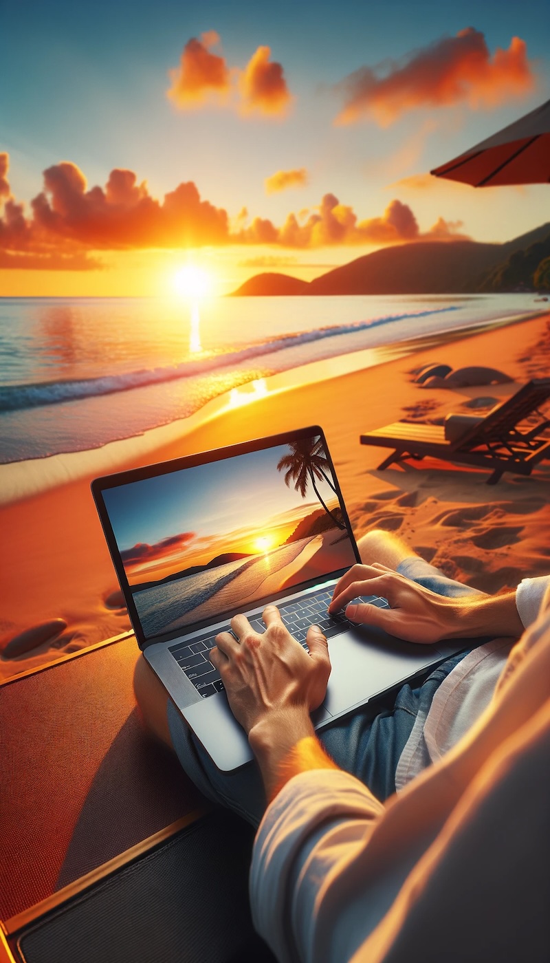 Ein Reiseblogger tippt bei Sonnenuntergang am Strand auf seinem Laptop – eine perfekte Darstellung der Verbindung von Arbeit und Reisen.