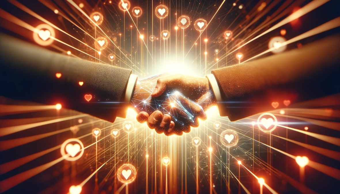 Eine Nahaufnahme von zwei digitalen Händen, die sich in einer Geste der Reziprozität verbinden, umgeben von einem Netzwerk aus positiven Kundenfeedbacks und Herzsymbolen.