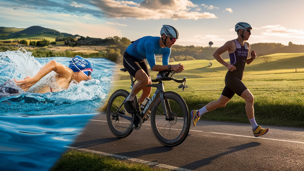 Triathlon-Training: Schwimmer, Radfahrer und Läufer in Aktion an einem sonnigen Tag mit klarem Himmel und malerischer Landschaft im Hintergrund.