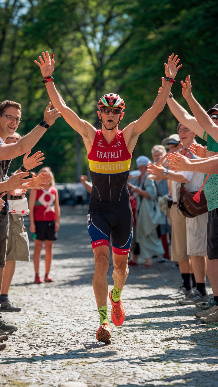 Triathlet beim Zieleinlauf mit jubelnden Zuschauern an einem sonnigen Tag, sichtbar erschöpft, aber jubelnd, mit erhobenen Armen im Zeichen des Sieges.