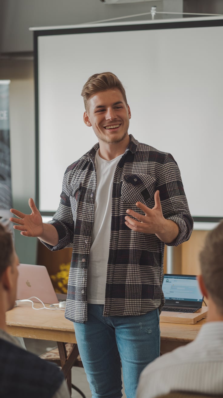 Ein junger Unternehmer präsentiert stolz sein Start-up vor einem Publikum. Die Stimmung ist inspirierend und ermutigend.