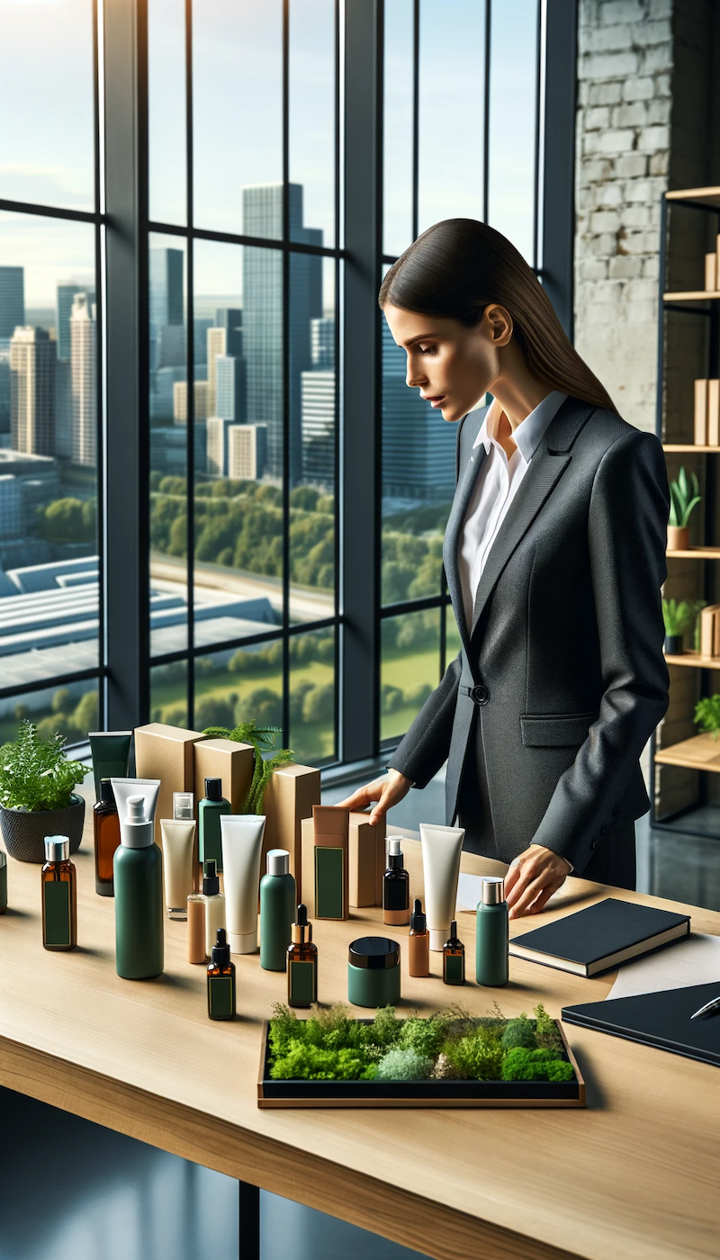 Eine Geschäftsfrau betrachtet in einem modernen Büro verschiedene Produkte veganer Naturkosmetik.