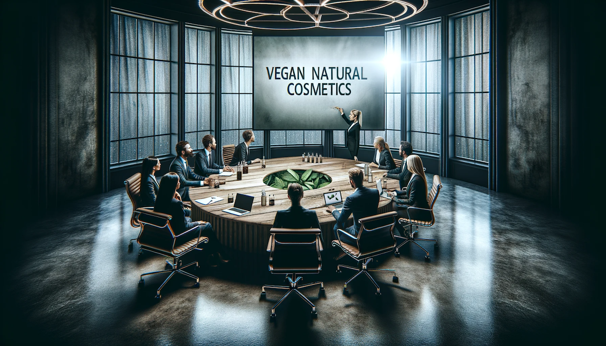 Geschäftsleute diskutieren in einem Besprechungsraum über die Entwicklung veganer Naturkosmetik.